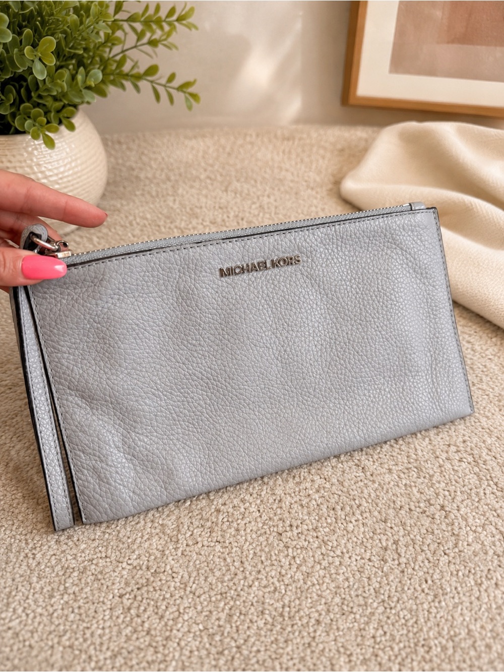 MICHAEL KORS Light Grey /blue Pebbled Leather Wristlet